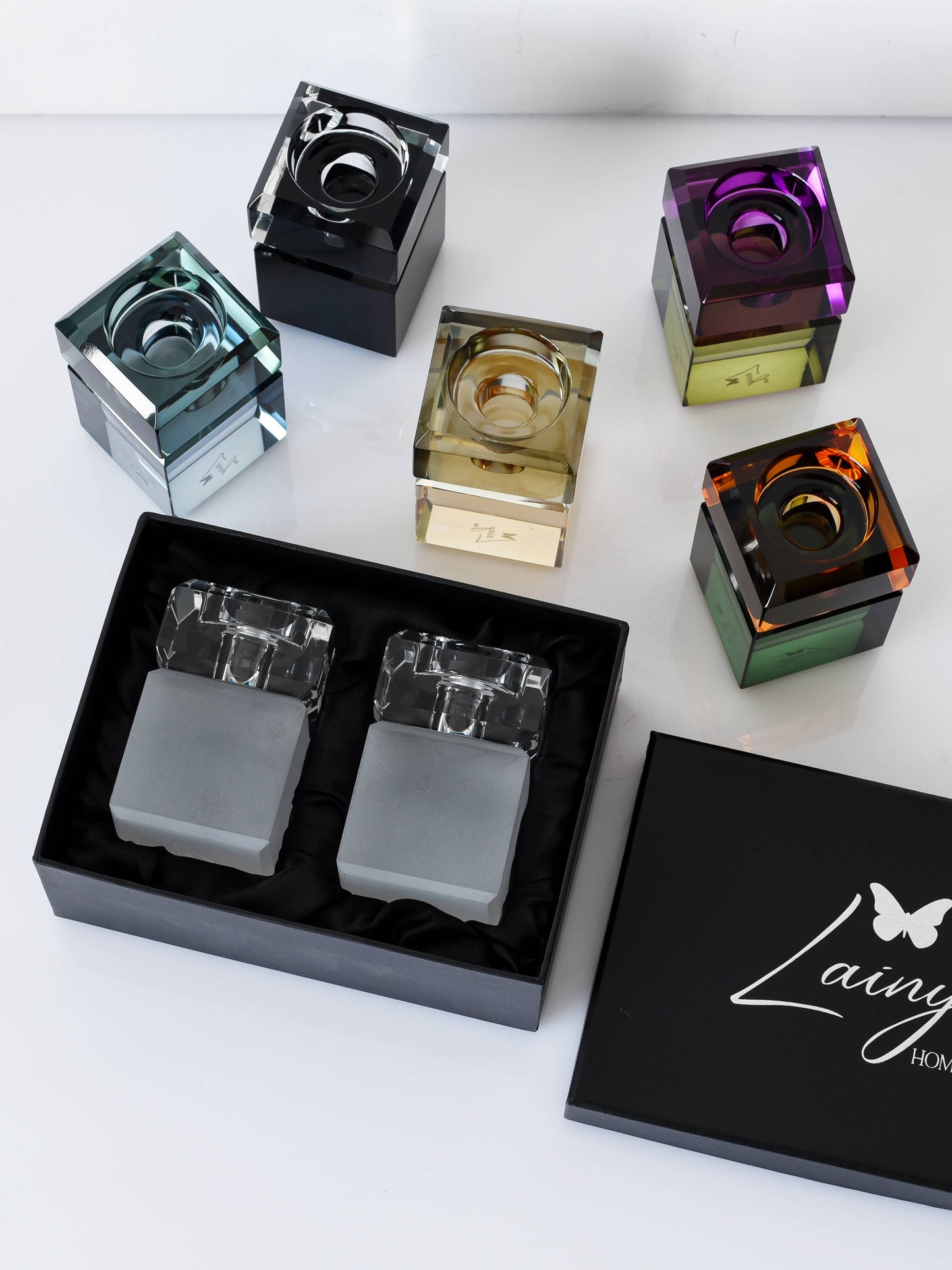 Pair of 3” Two Tone Candleholders: Black/Clear