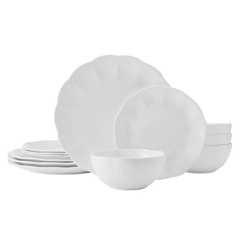 Flora Scalloped 12-Piece Bone China Dinnerware Set, Service for 4