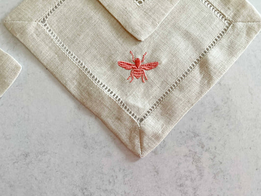 Bee Linen Cocktail Napkins/Coasters - Set of 4 Coral