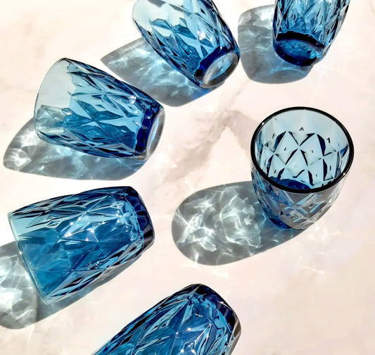 Rhombohedral glass cup, blue color, Set of 6
