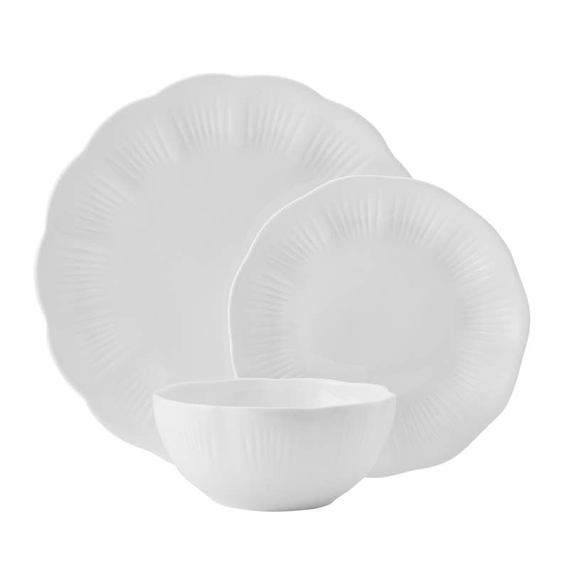 Flora Scalloped 12-Piece Bone China Dinnerware Set, Service for 4