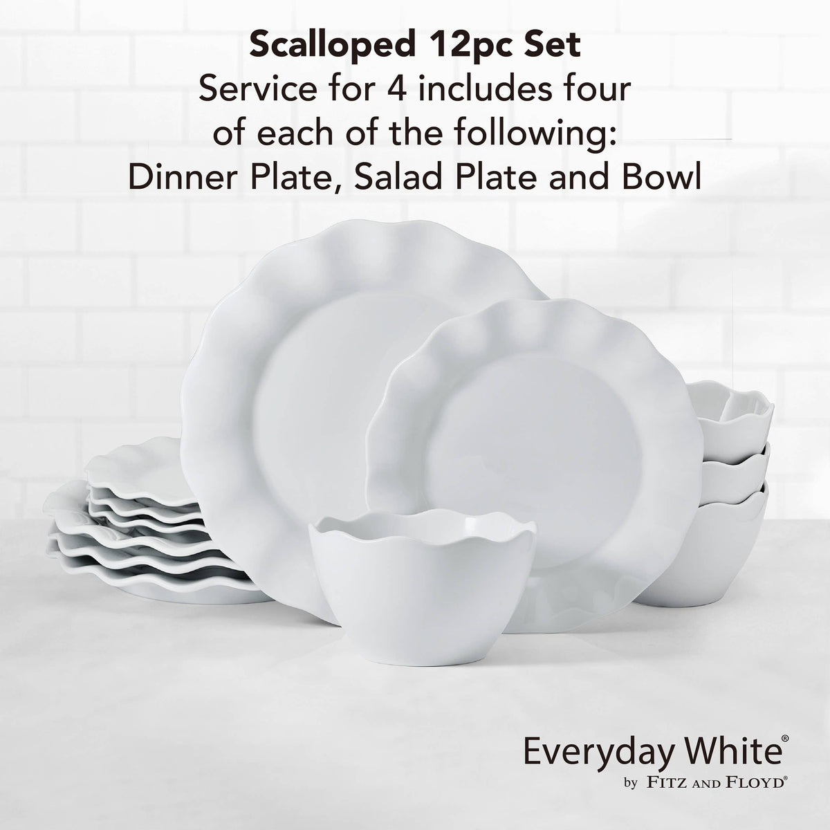 Everyday White® Scalloped 12-Piece Dinnerware Set, Service for 4