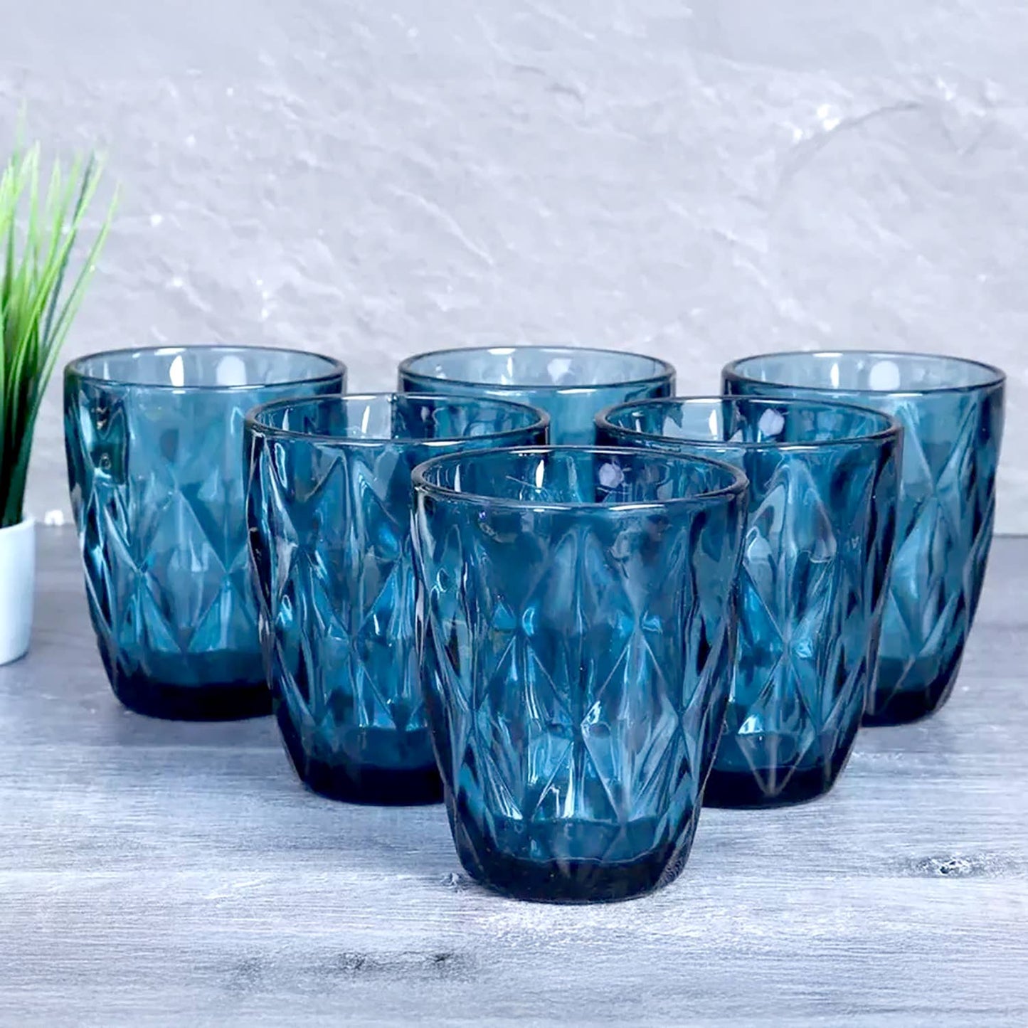 Rhombohedral glass cup, blue color, Set of 6