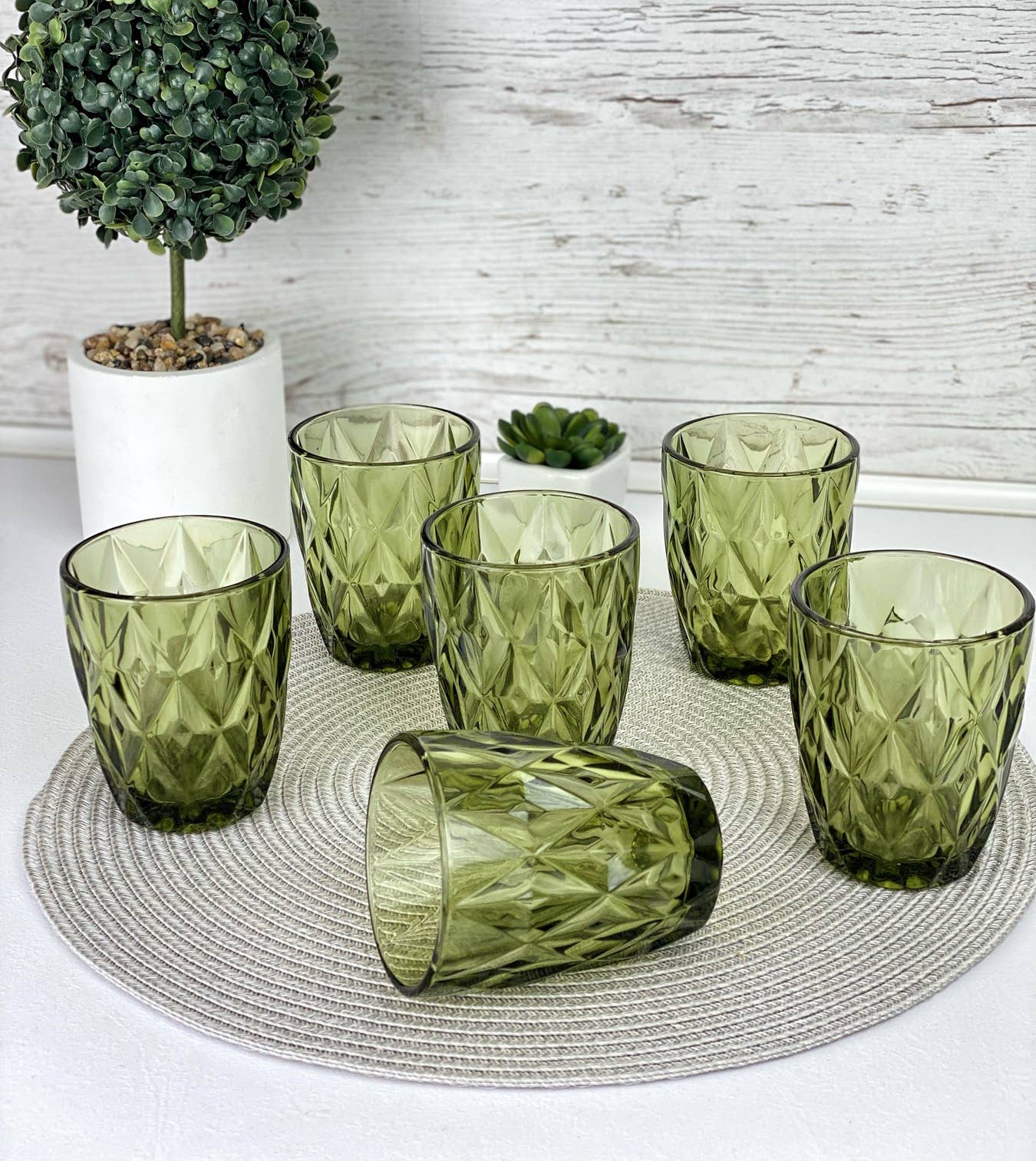 Hexagon Cut Green Glasses - Set of 6