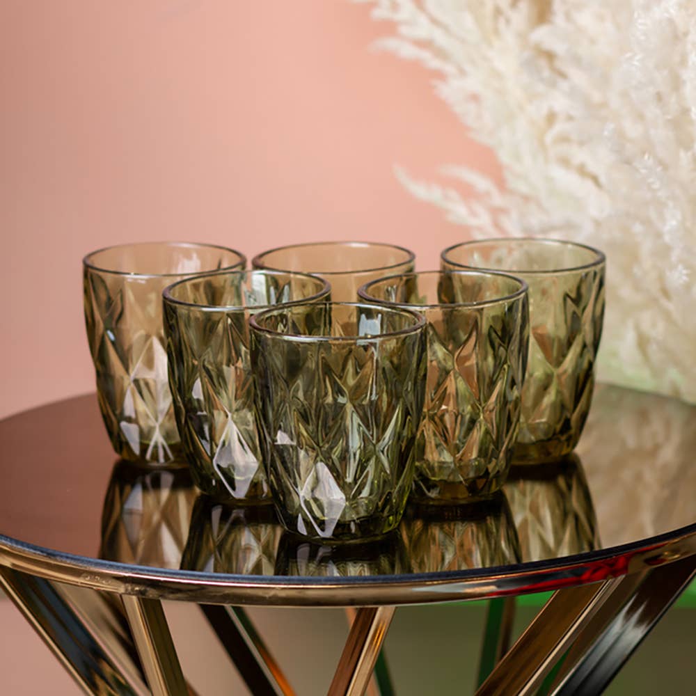 Hexagon Cut Green Glasses - Set of 6