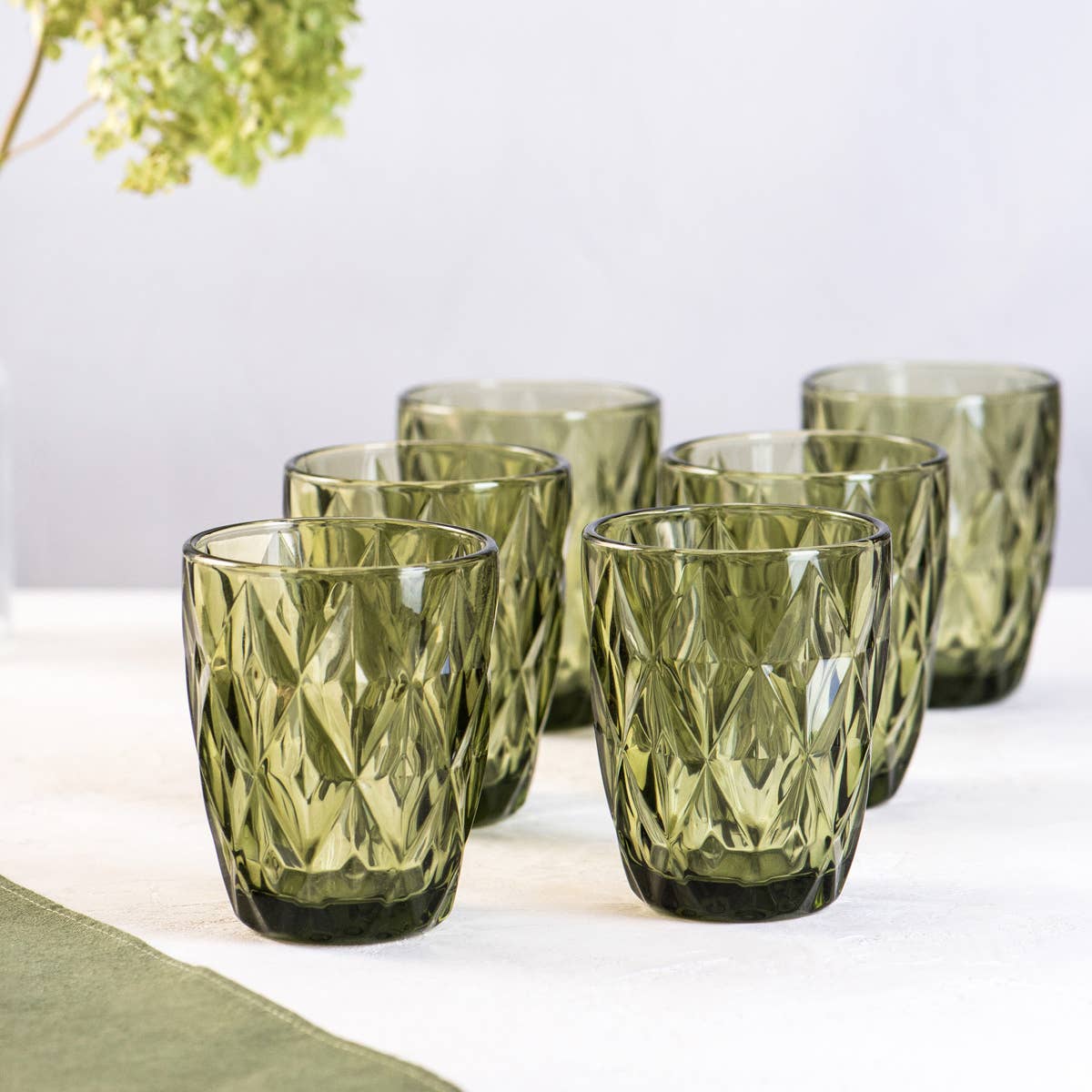 Hexagon Cut Green Glasses - Set of 6