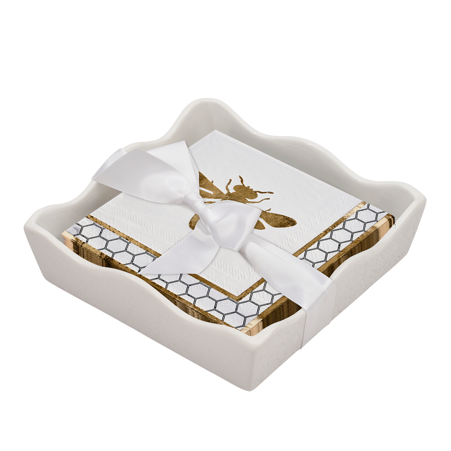 Ceramic Wave Napkin Tray with Cocktail Napkin - Honeybee