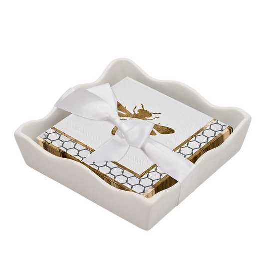 Ceramic Wave Napkin Tray with Cocktail Napkin - Honeybee