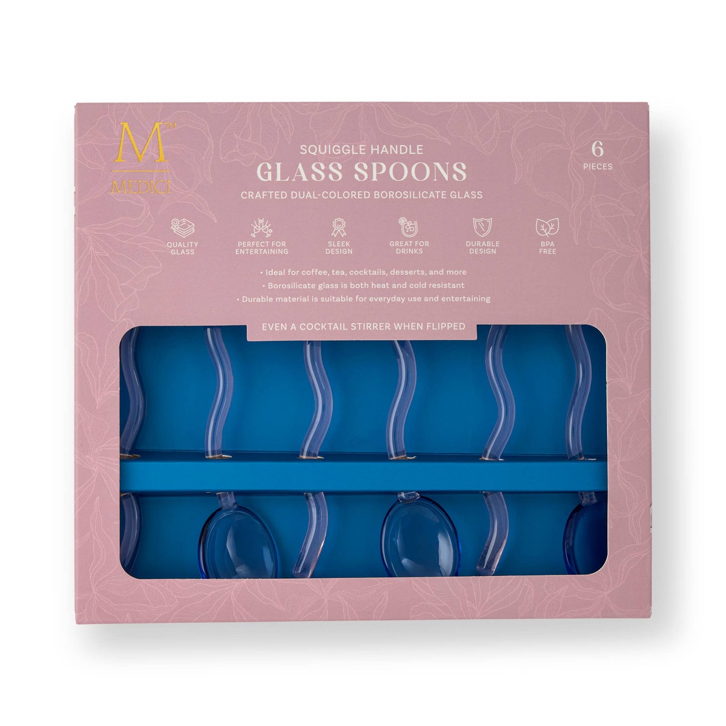 6pk Squiggle Handle Glass Spoons - Blue/Pink