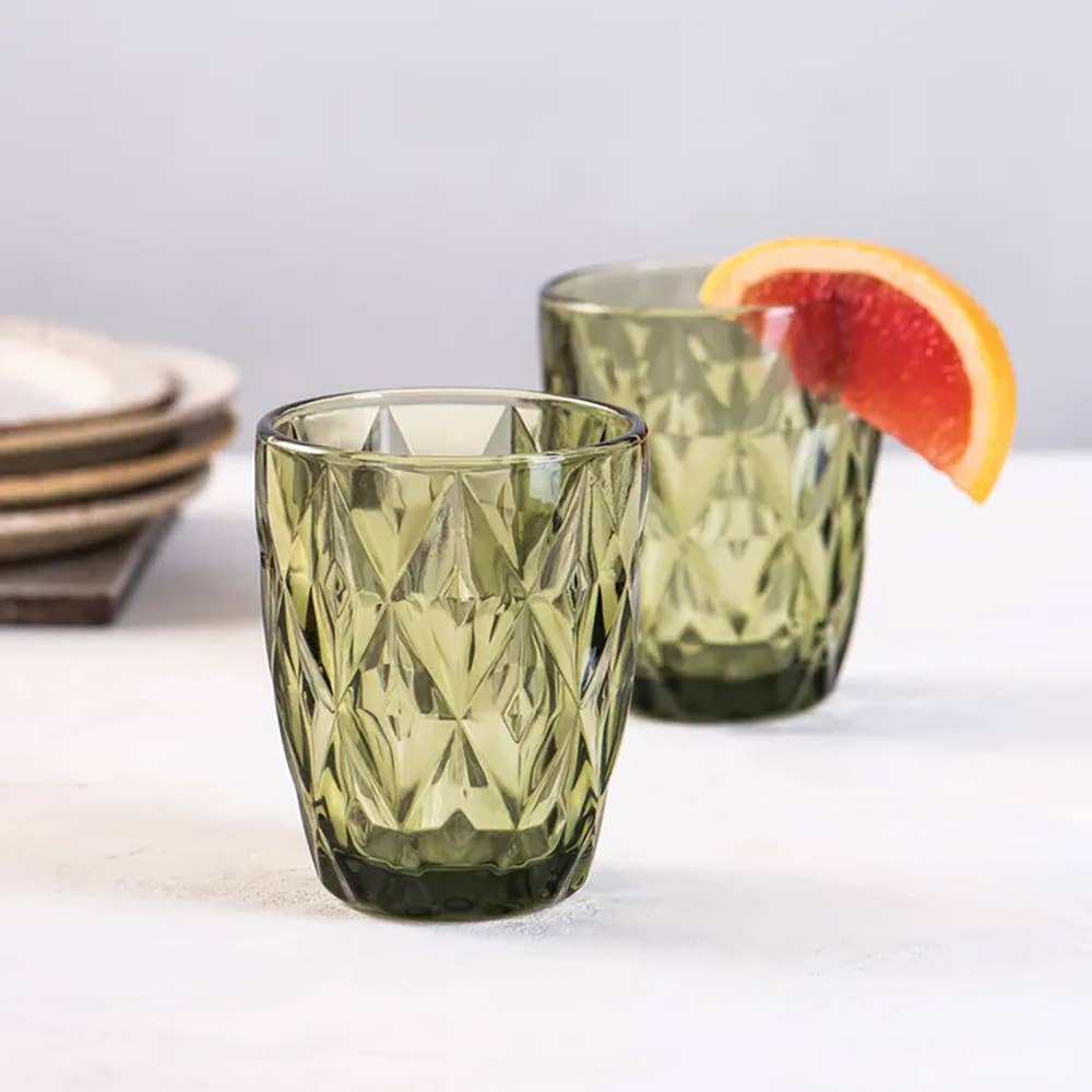 Hexagon Cut Green Glasses - Set of 6