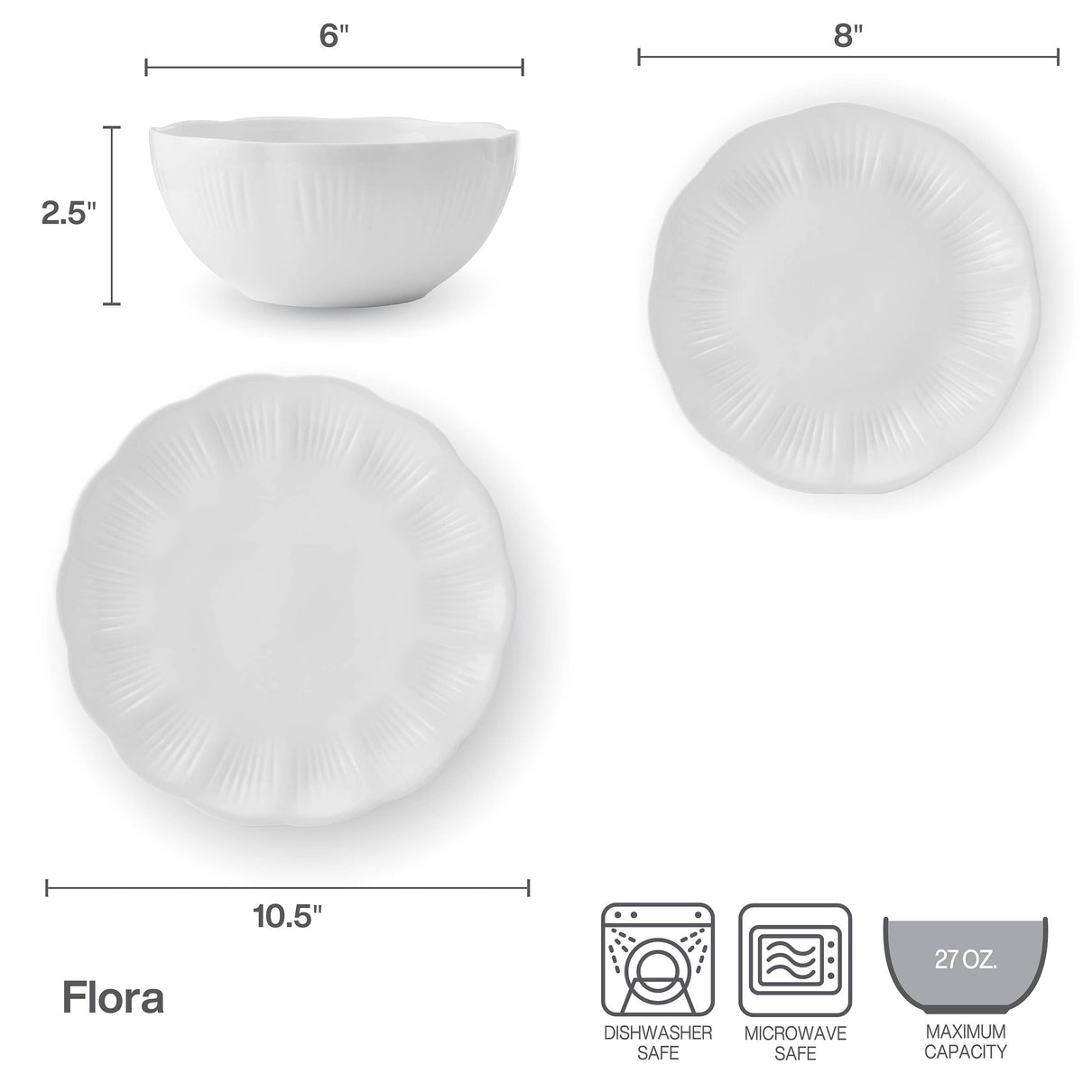 Flora Scalloped 12-Piece Bone China Dinnerware Set, Service for 4