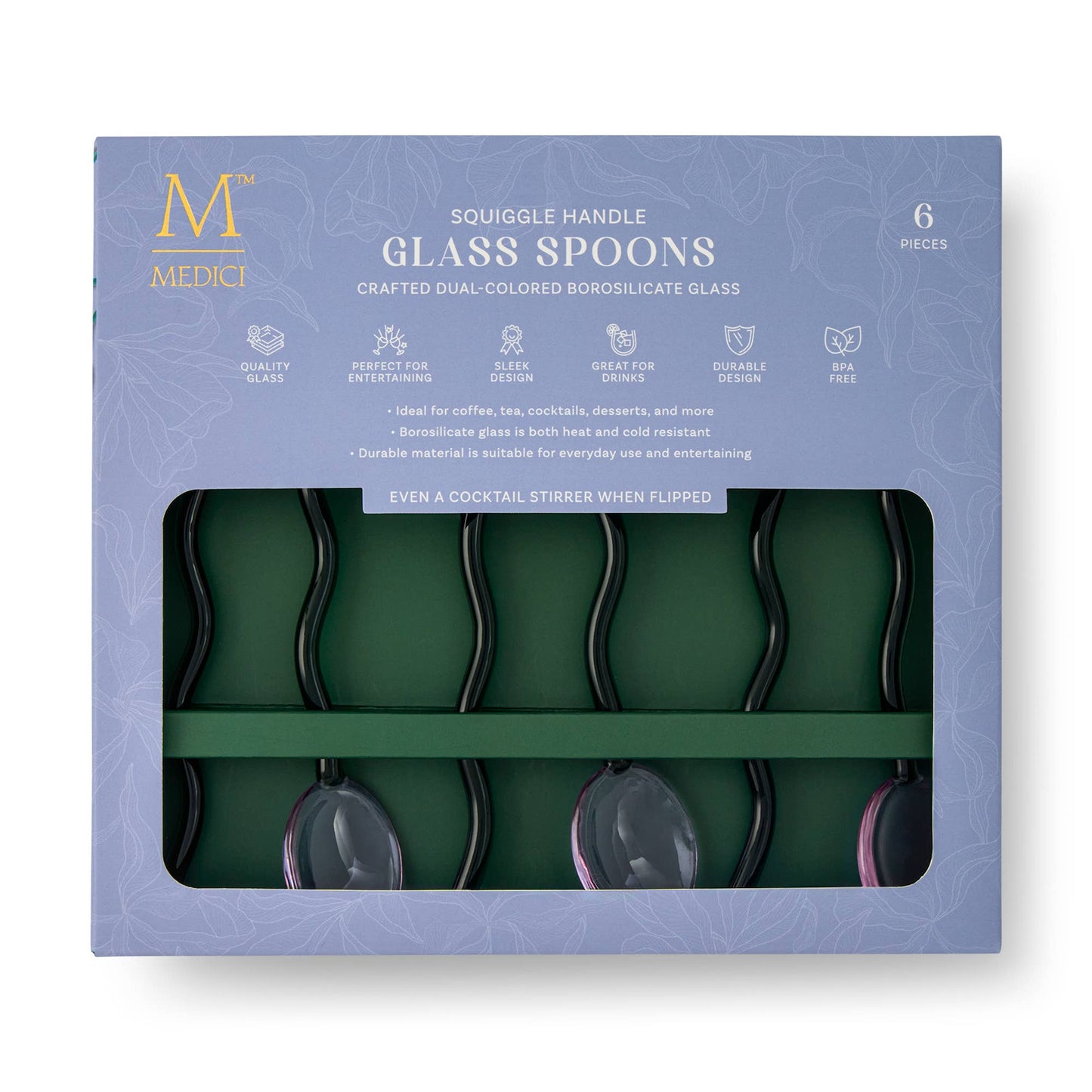6pk Squiggle Handle Glass Spoons - Purple/Green
