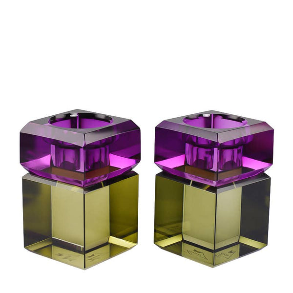 Pair of 3” Two Tone Candleholders: PLUM/GREEN