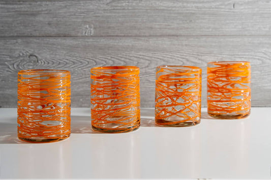 Mexican Handblown Glasses - Orange Swirl Set of 4